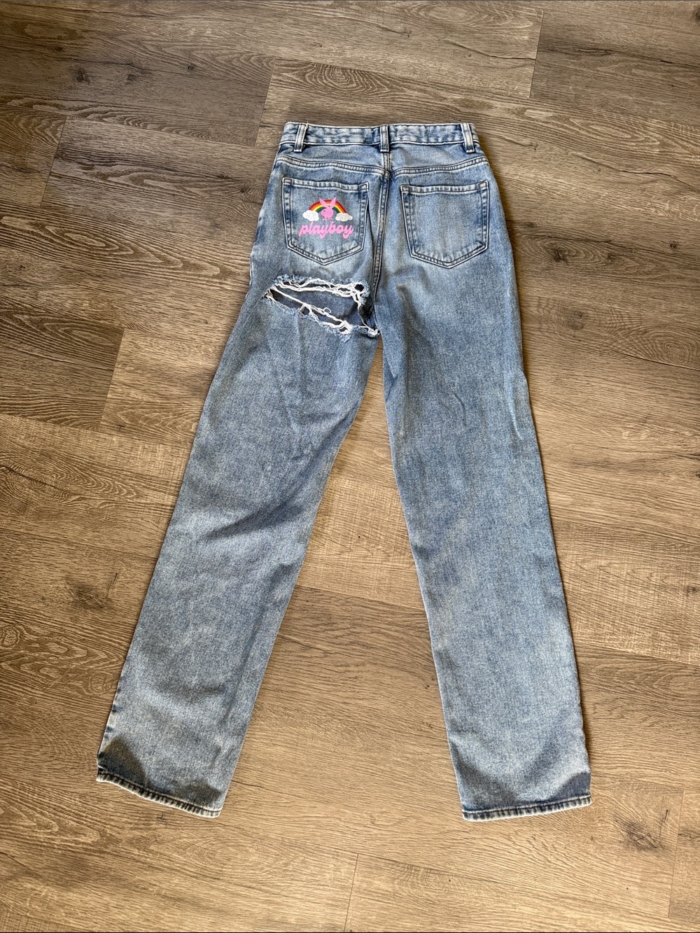 PLAYBOY / Pacsun Collab Light Blue Distressed Back-Pocket Jeans with Pink Logo - Picture 1 of 4
